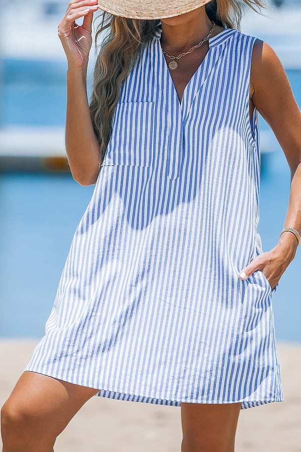 blue and white striped sleeveless dress Striped Mariner collar Pleated skirt Sleeveless Dress in Blue