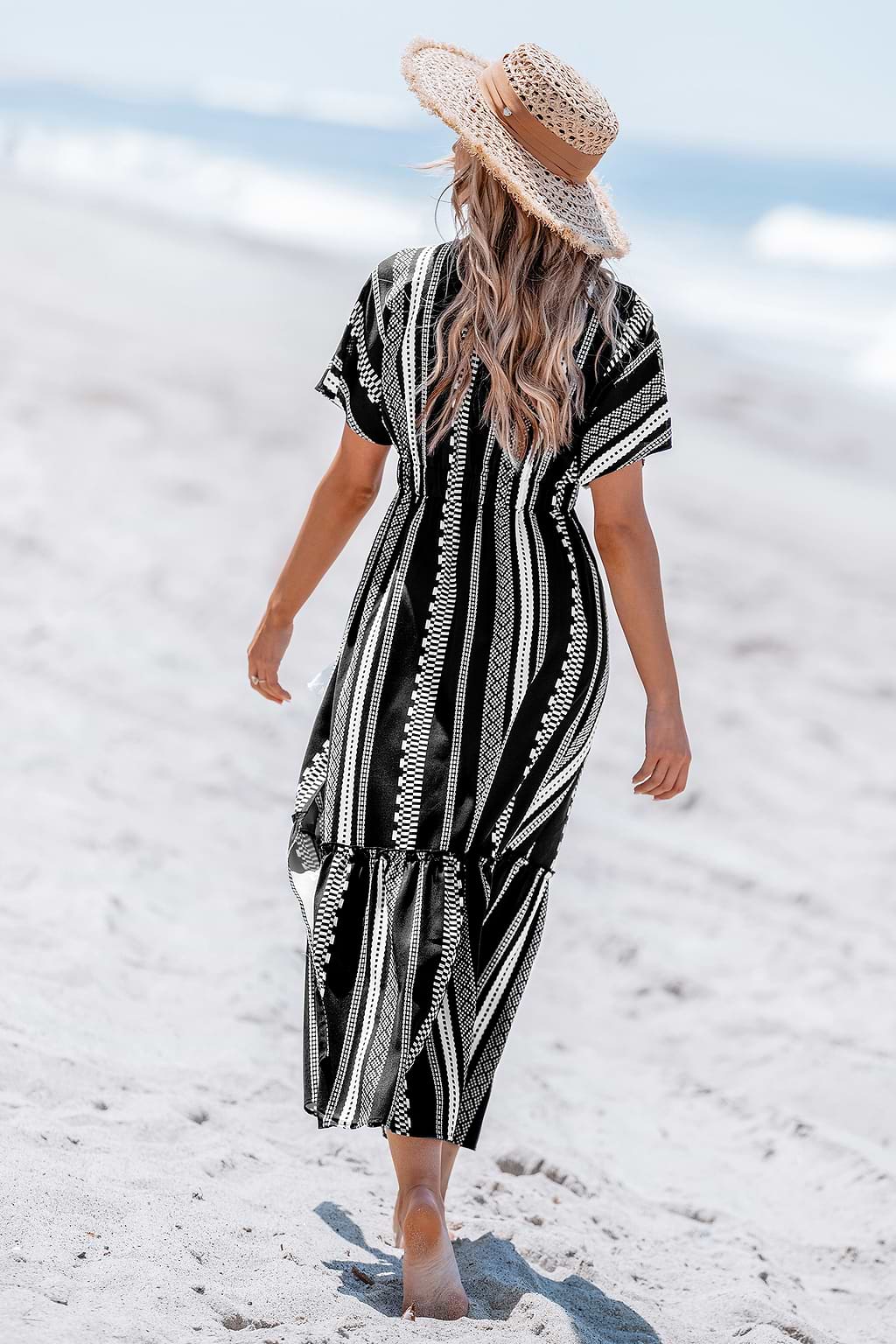 Black Striped Lace Drawstring Tassel Midi Dress