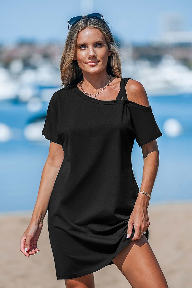 Black Asymmetrical Short Sleeve Jersey Dress
