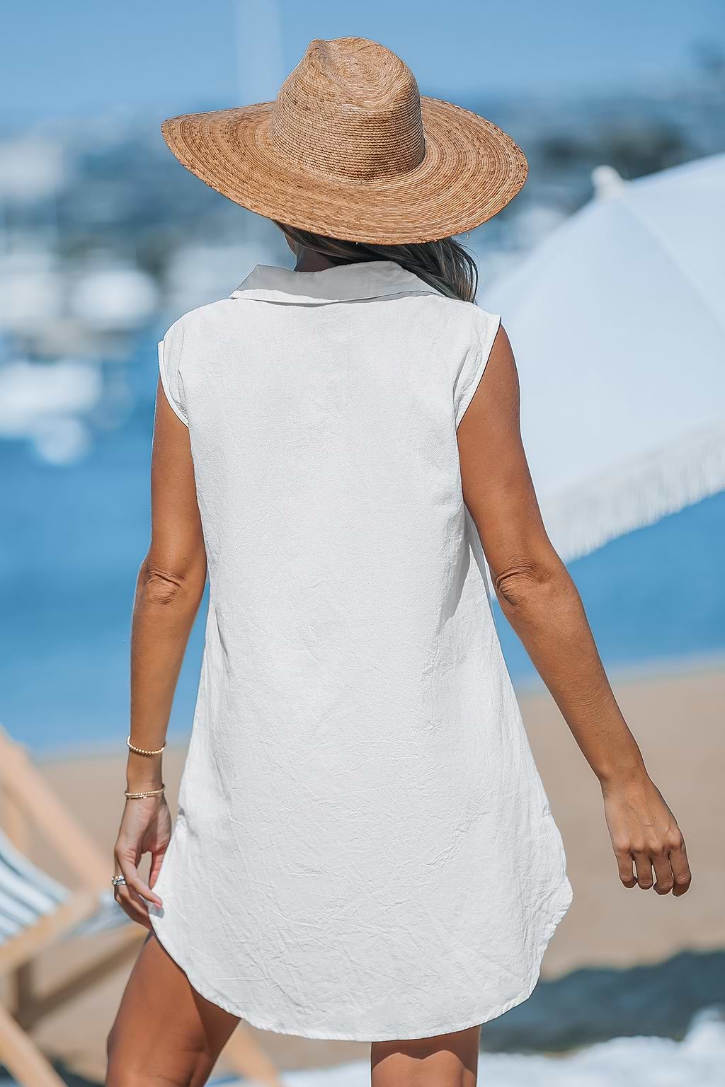 White Linen Collared Sleeveless Mini Dress