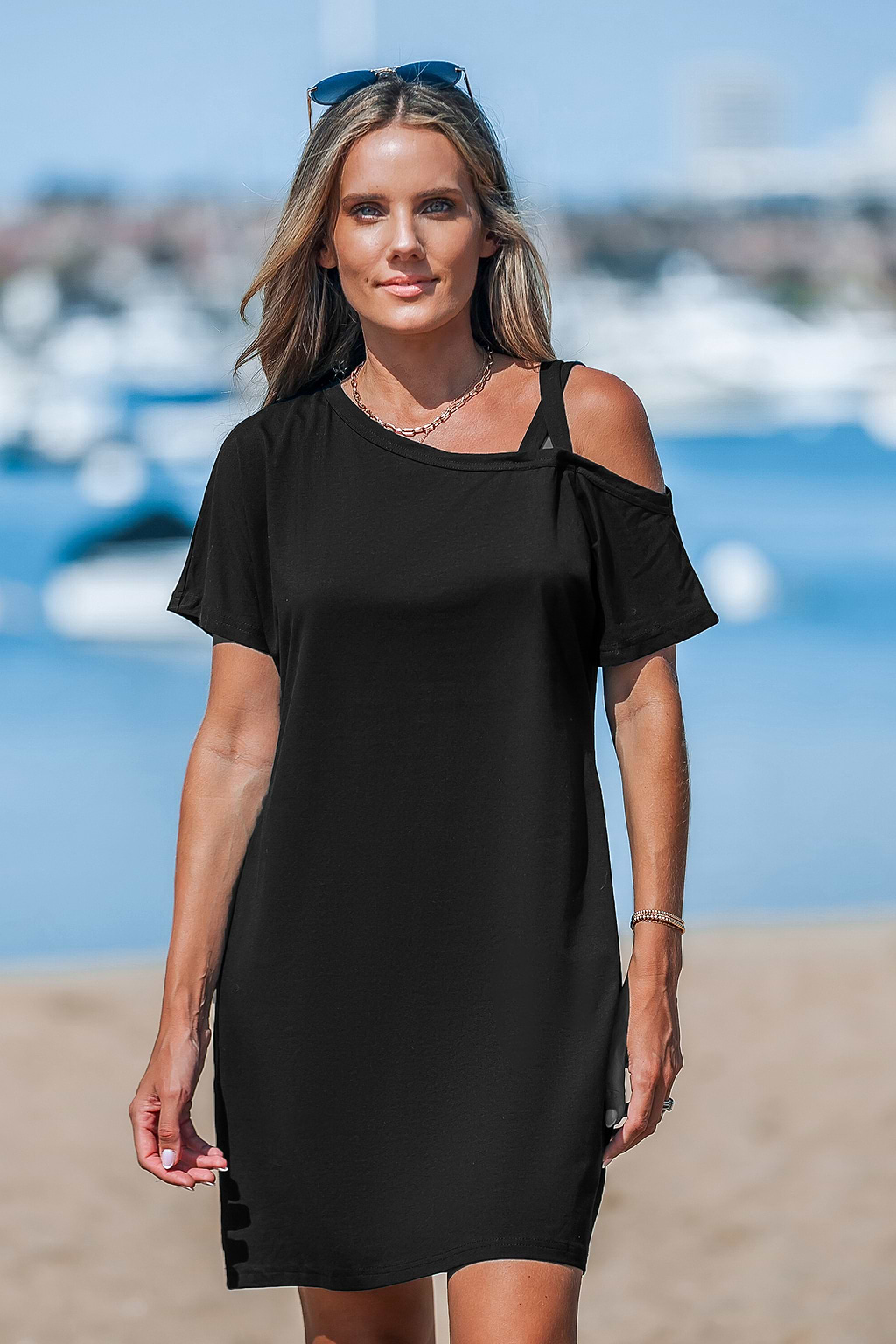 Black Asymmetrical Short Sleeve Jersey Dress