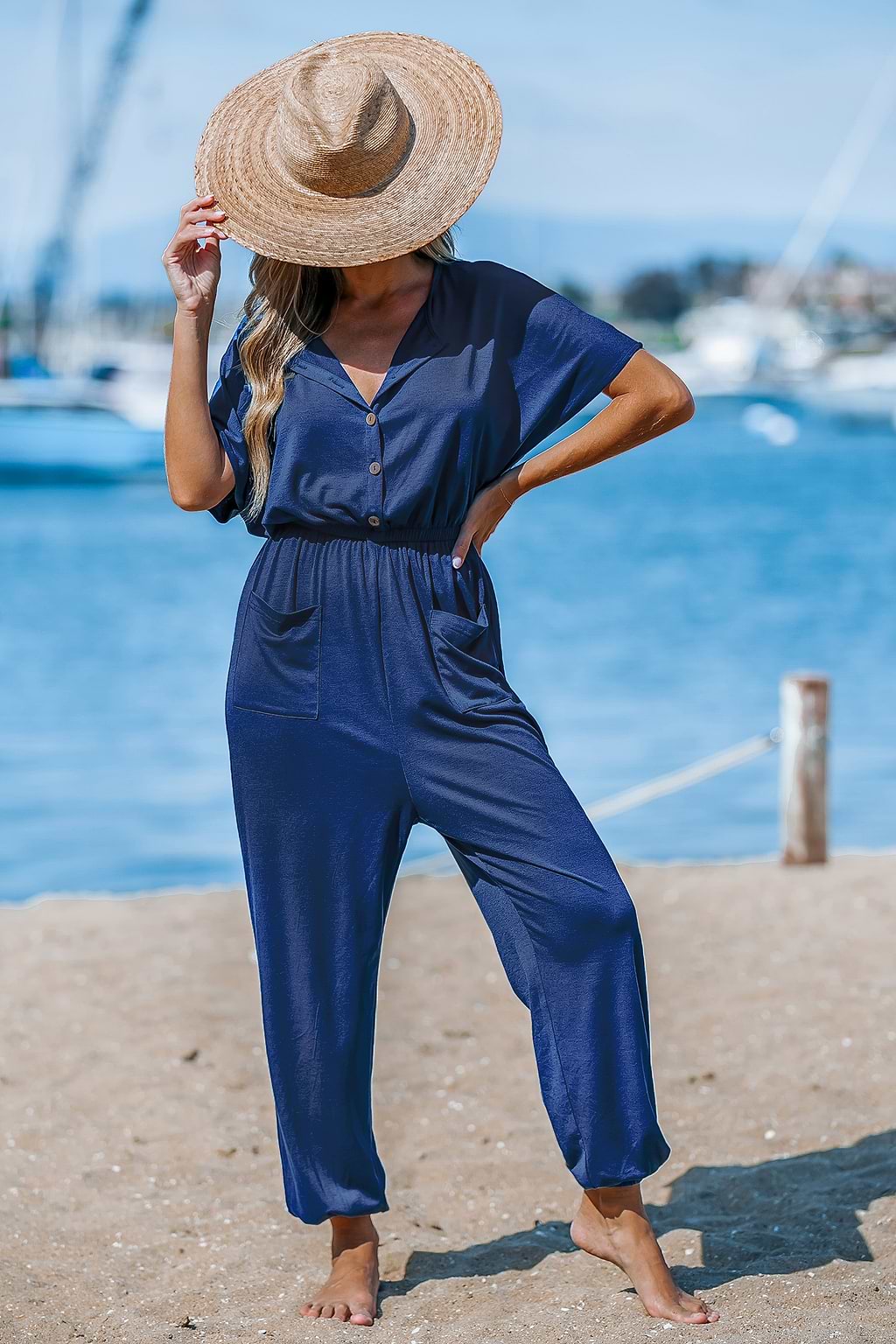 Navy Front Button Straight Leg Jersey Jumpsuit