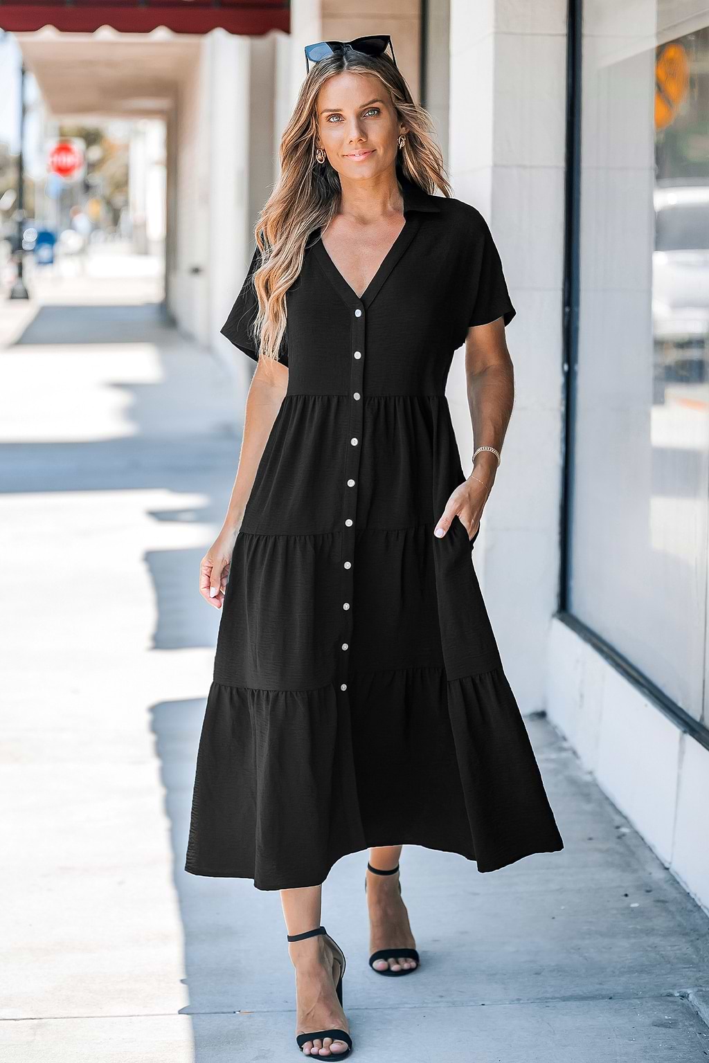 Black Collared Front Button Midi Dress