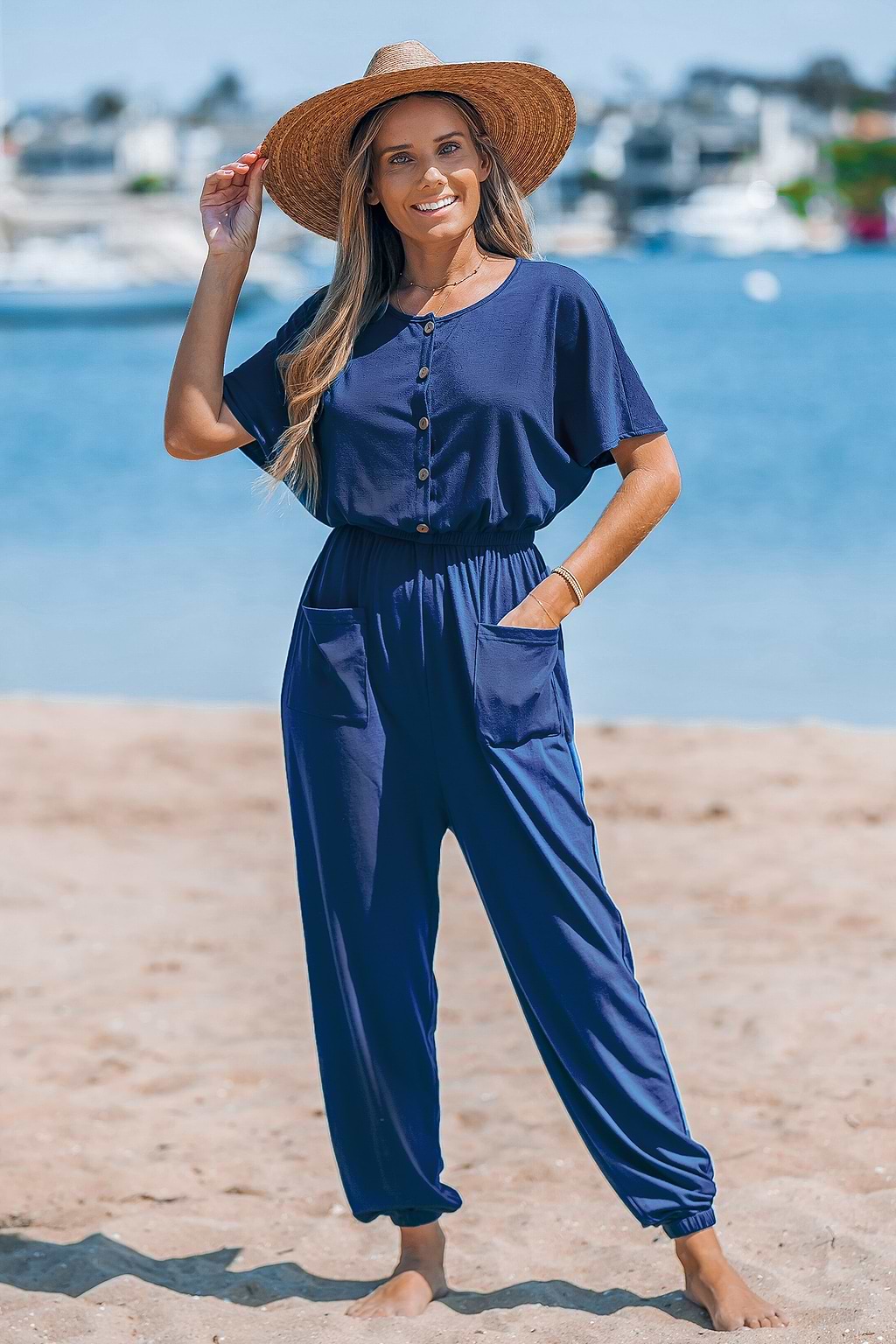 Navy Front Button Straight Leg Jersey Jumpsuit