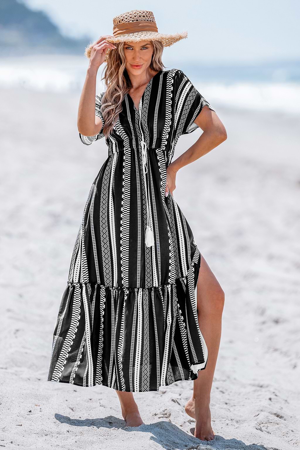 Black Striped Lace Drawstring Tassel Midi Dress