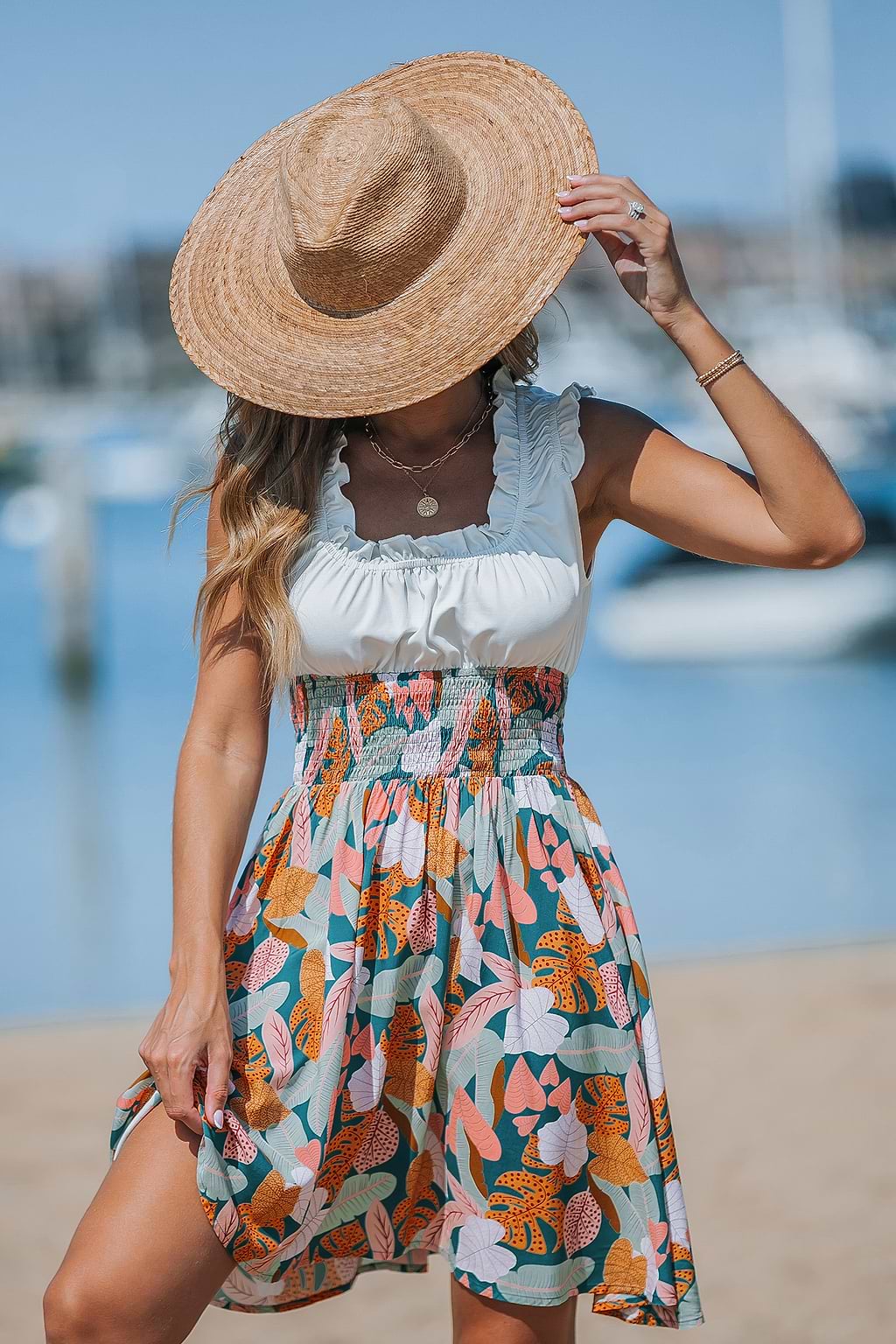 White Ruffled Tank Tropical Skirt Mini Dress