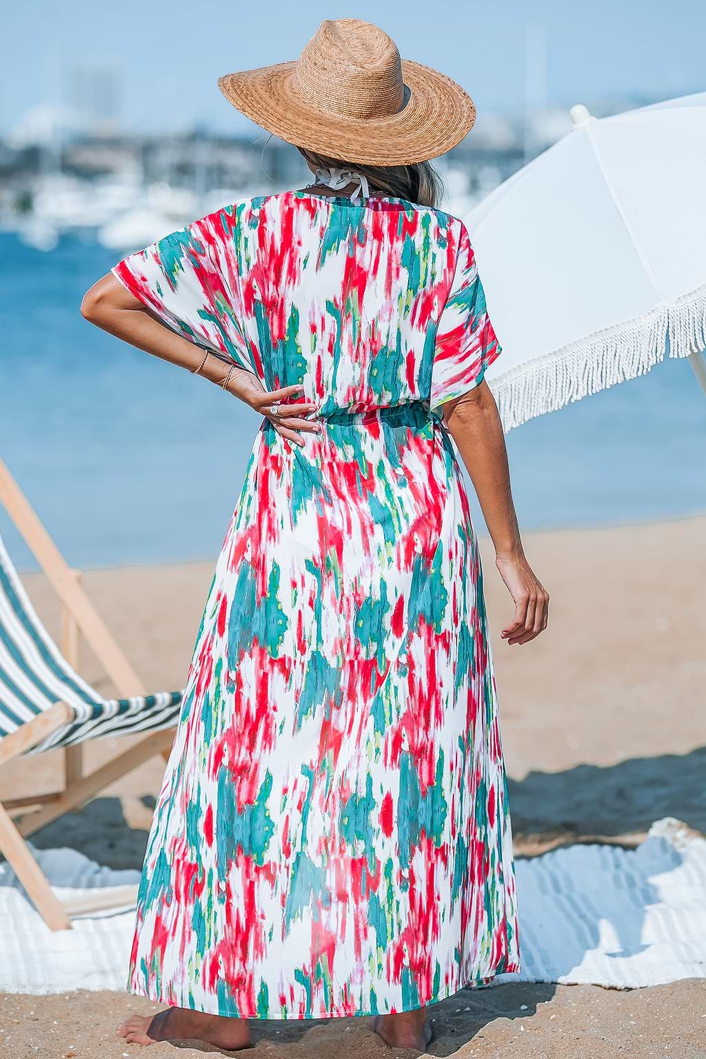 Maxi cover-up jurk met abstracte dolman-mouwen en V-hals