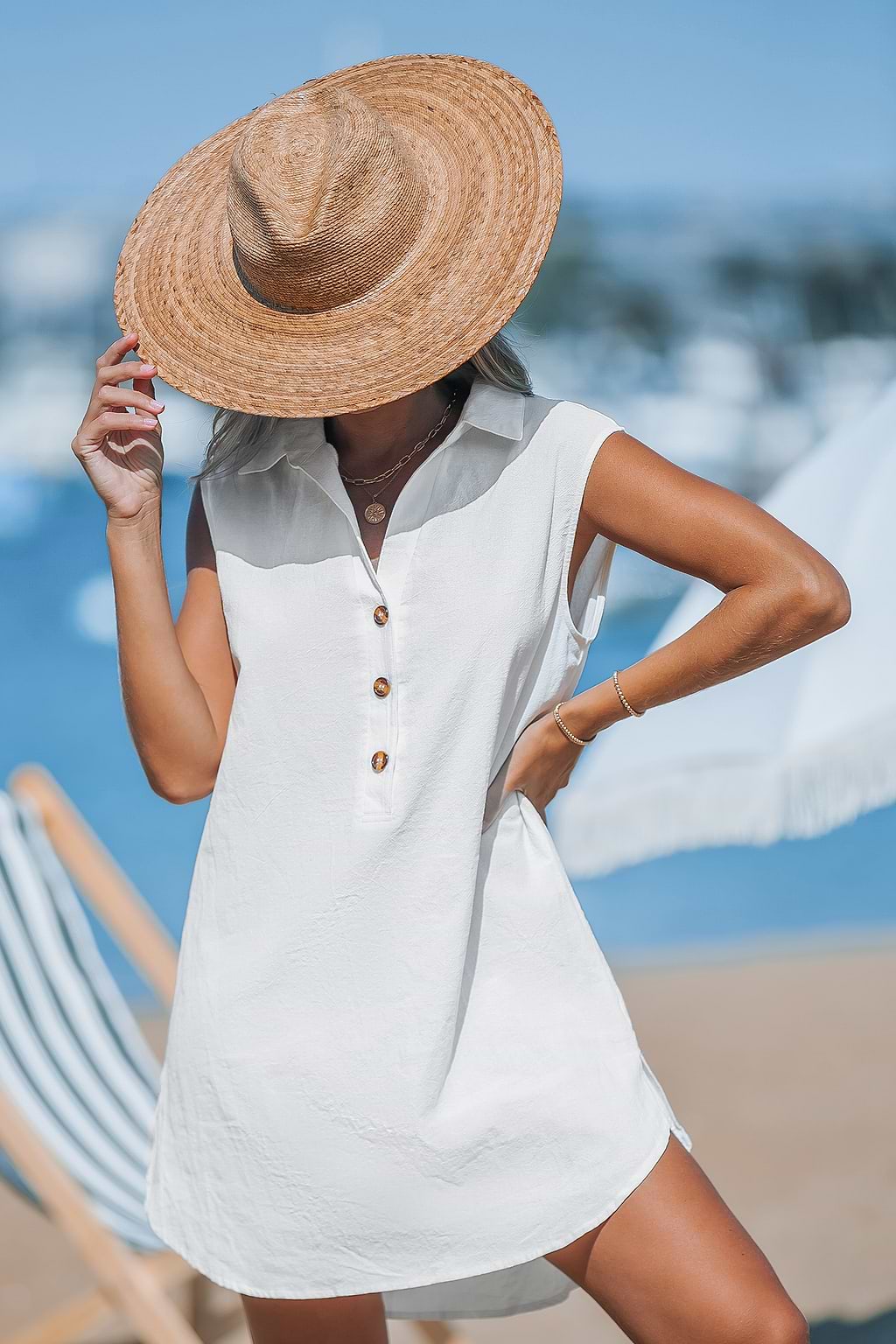 White Linen Collared Sleeveless Mini Dress