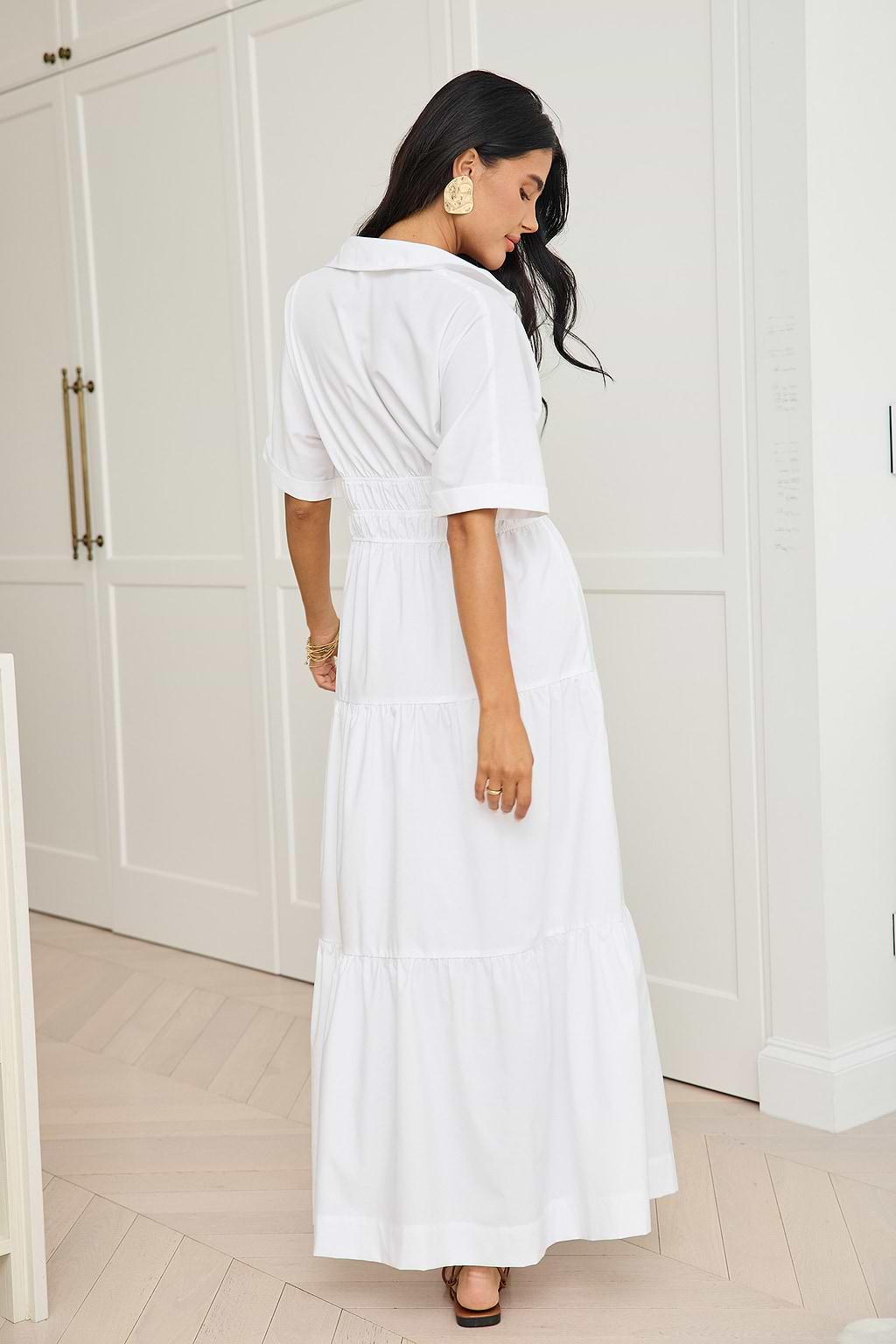 White Collared Smocked Waist Maxi Dress