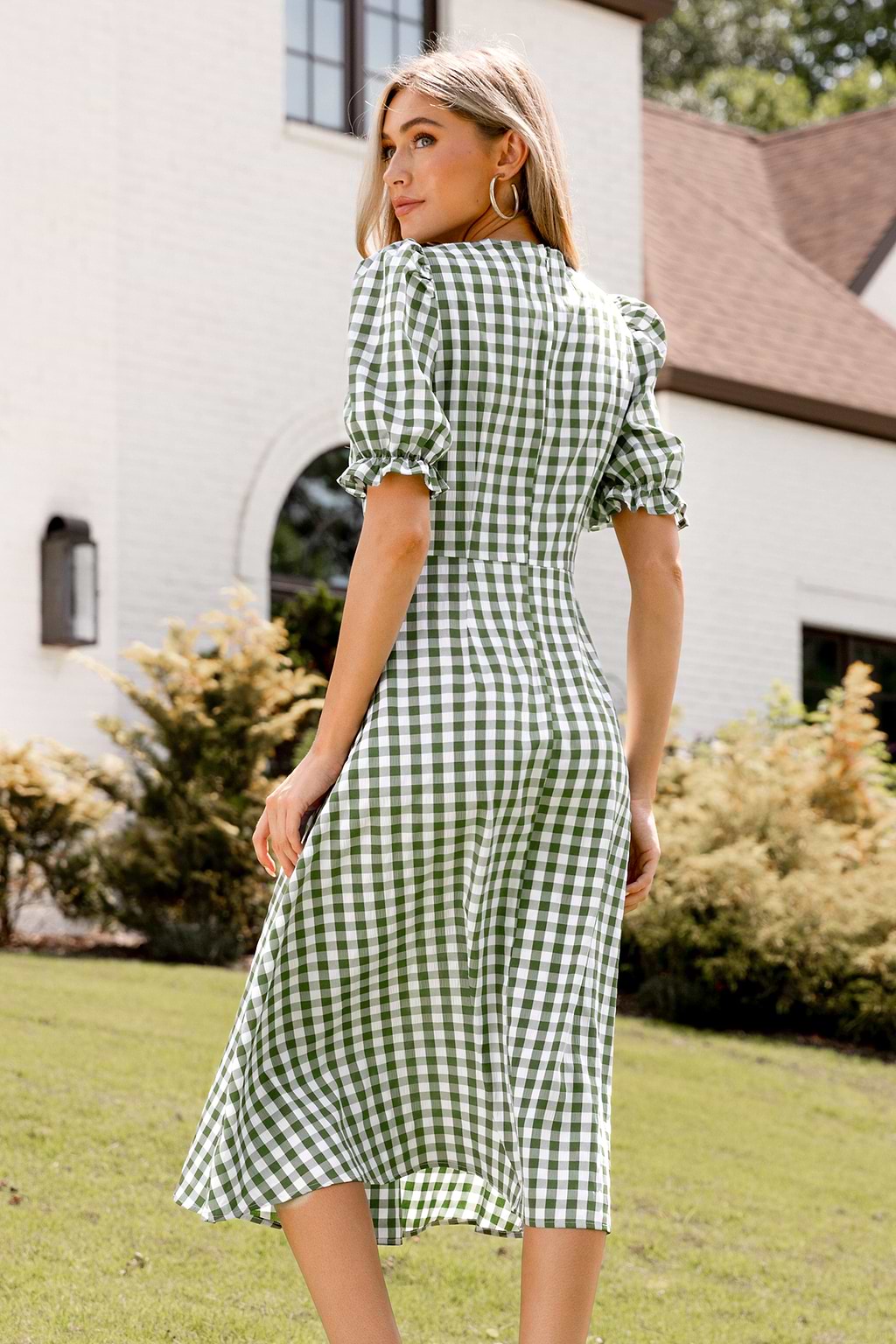 Green & White Gingham V-Neck Puff Sleeve Midi Dress