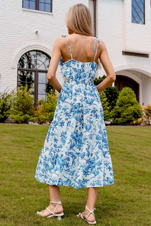 Blauw-witte bloemen midi-jurk met vierkante hals en strikband