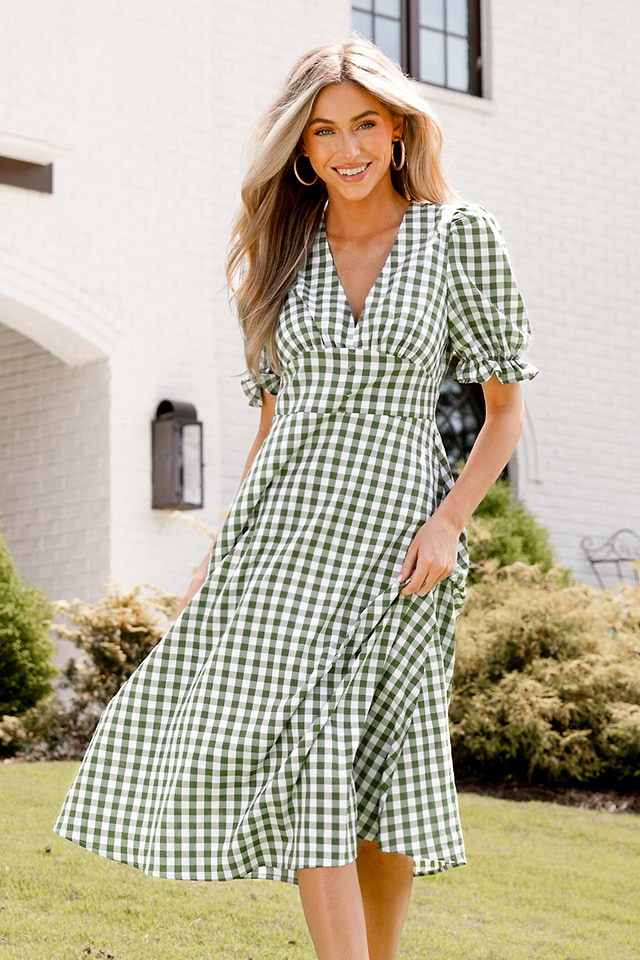 green gingham wrap dress THML Green Gingham Scalloped Tie-Waist Dress