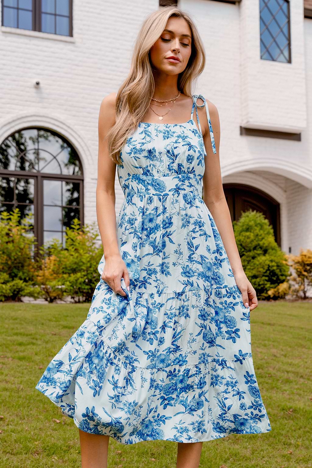 Blue & White Floral Square Neck Tie Strap Midi Dress
