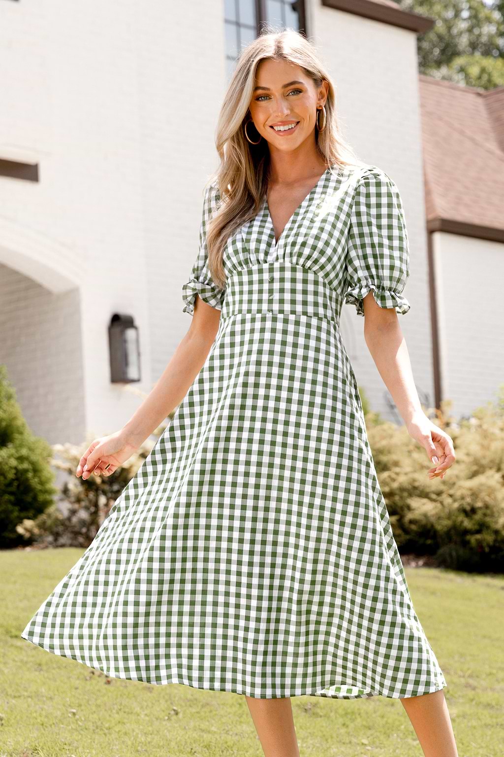 Green & White Gingham V-Neck Puff Sleeve Midi Dress