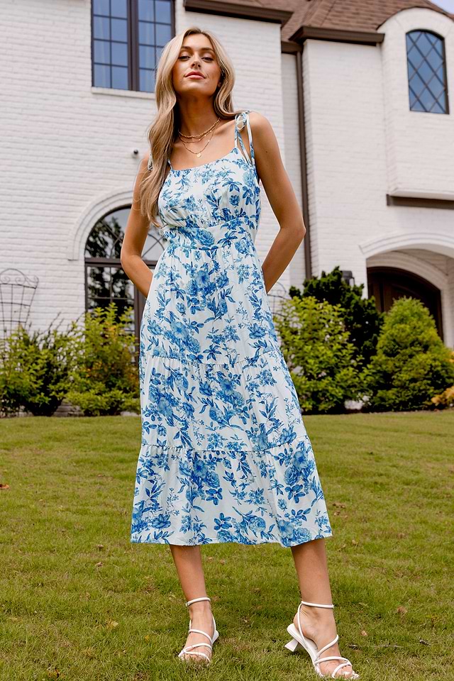 Blue & White Floral Square Neck Tie Strap Midi Dress Blue & White Floral Square Neck Tie Strap Midi Dress