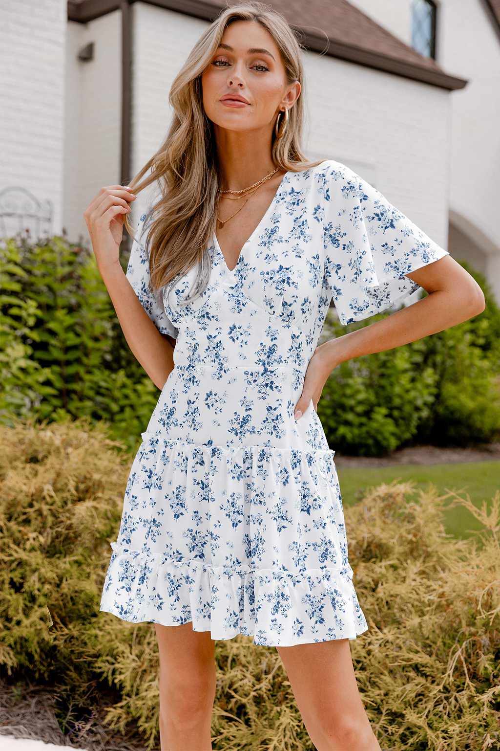 Floral Print Ruffled V-Neck Mini Dress