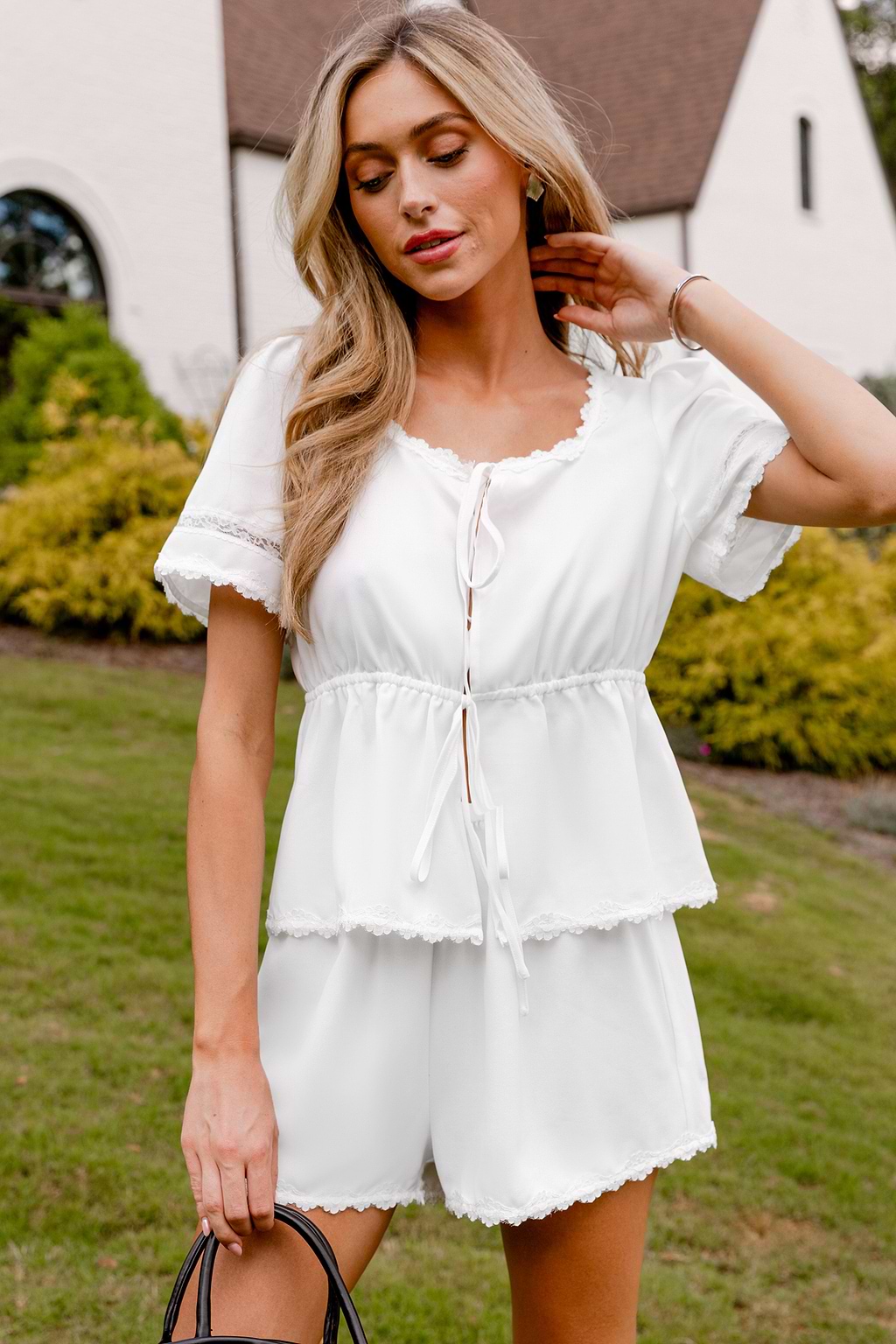 White Scoop Neck Open Front Top & Straight Leg Shorts Set