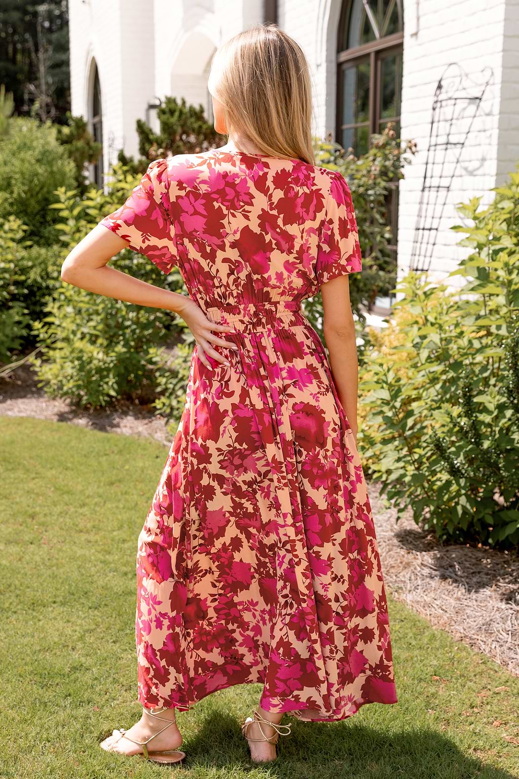 Red Floral Print Smocked Maxi Dress