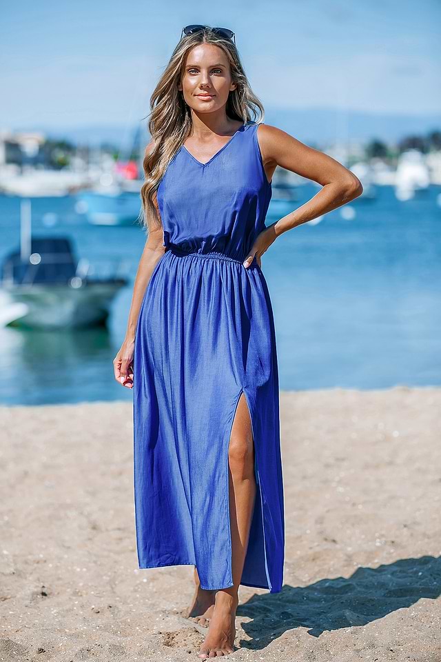 Blue Sleeveless Elastic Waist Split Hem Midi Dress