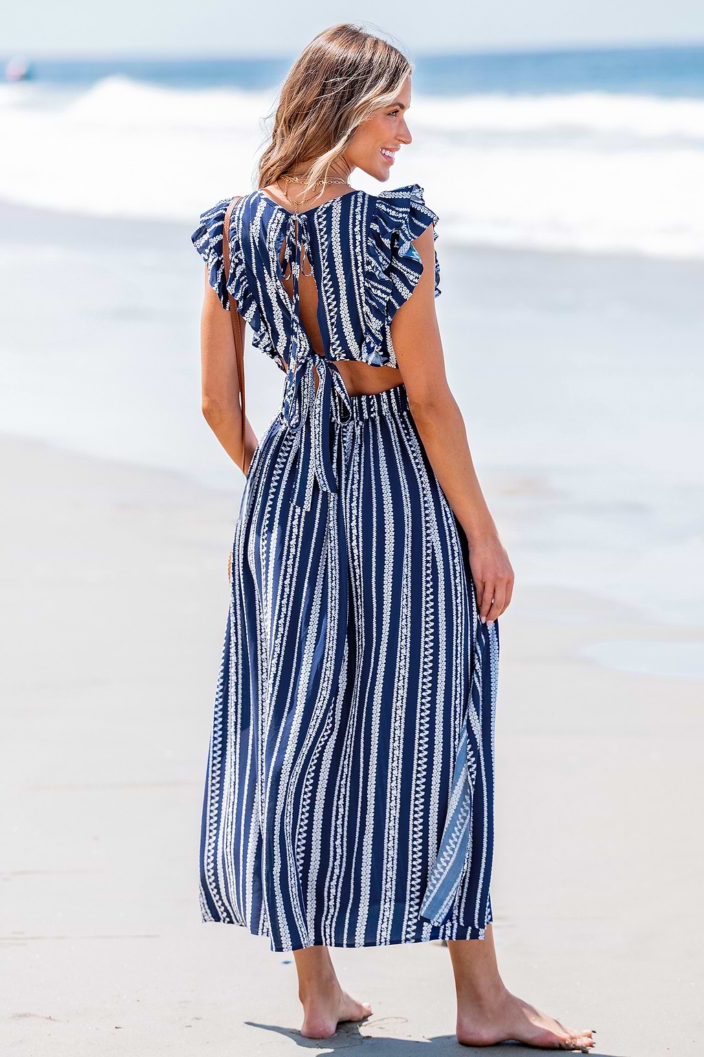 Vestido largo con cuello en V y volantes a rayas boho azul