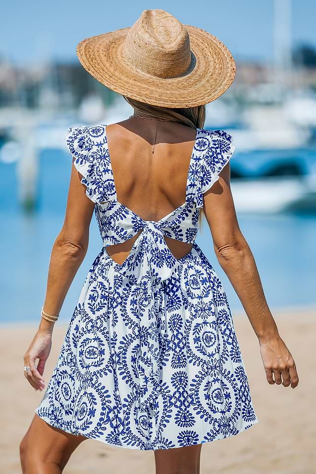 Blue & White Ornate Flutter Sleeve V-Neck Mini Dress Blue & White Ornate Flutter Sleeve V-Neck Mini Dress