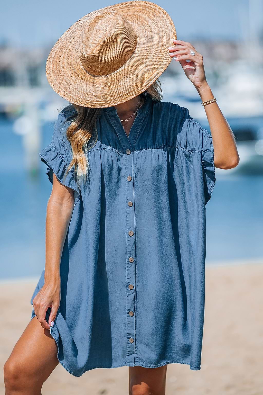 Denim Front Button Ruffle Sleeve Mini Dress