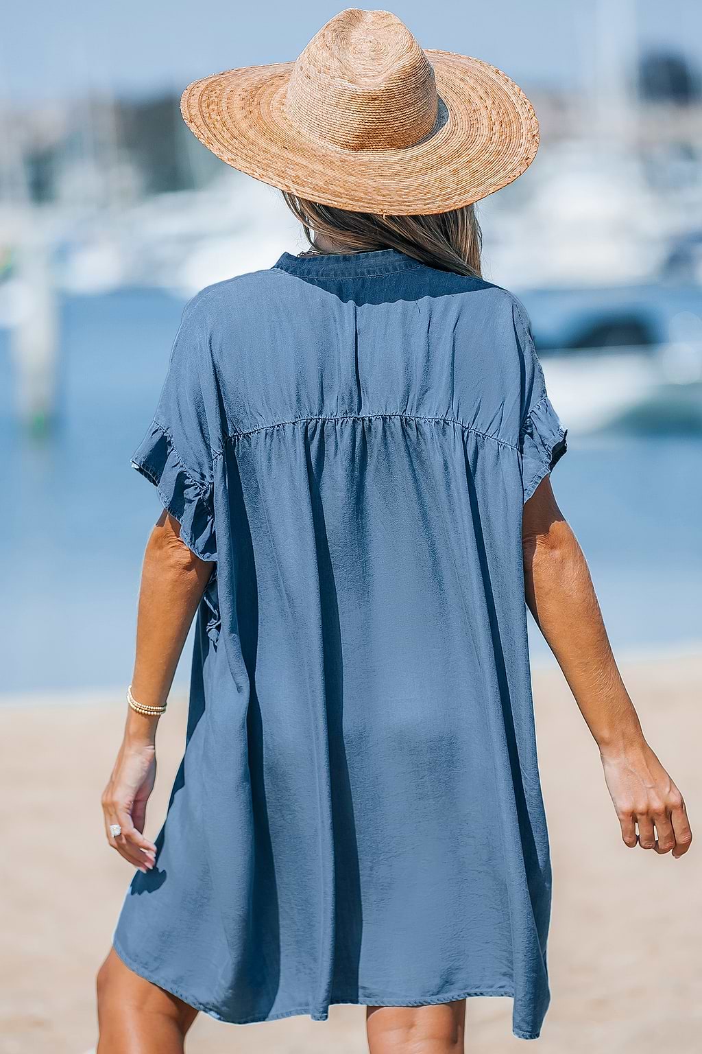 Denim Front Button Ruffle Sleeve Mini Dress