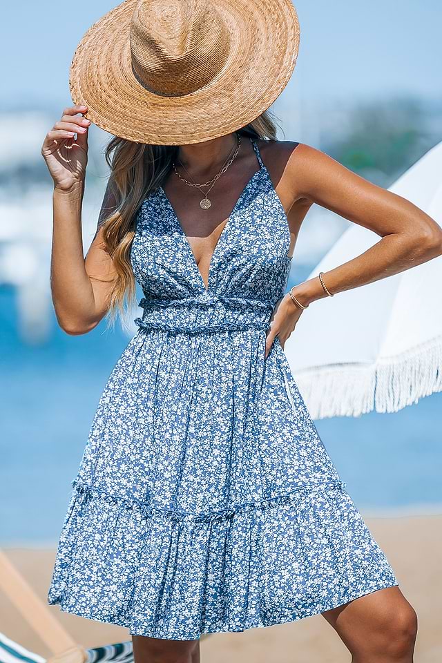 Blue Ditsy Floral V-Neck Mini Dress