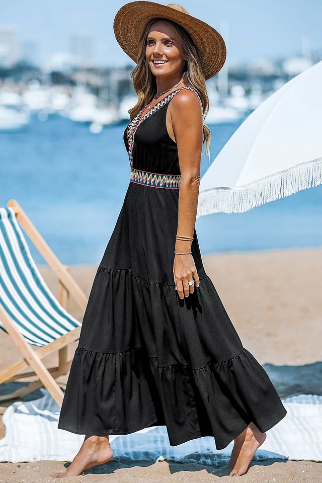 Black Boho Sleeveless V-Neck Maxi Dress