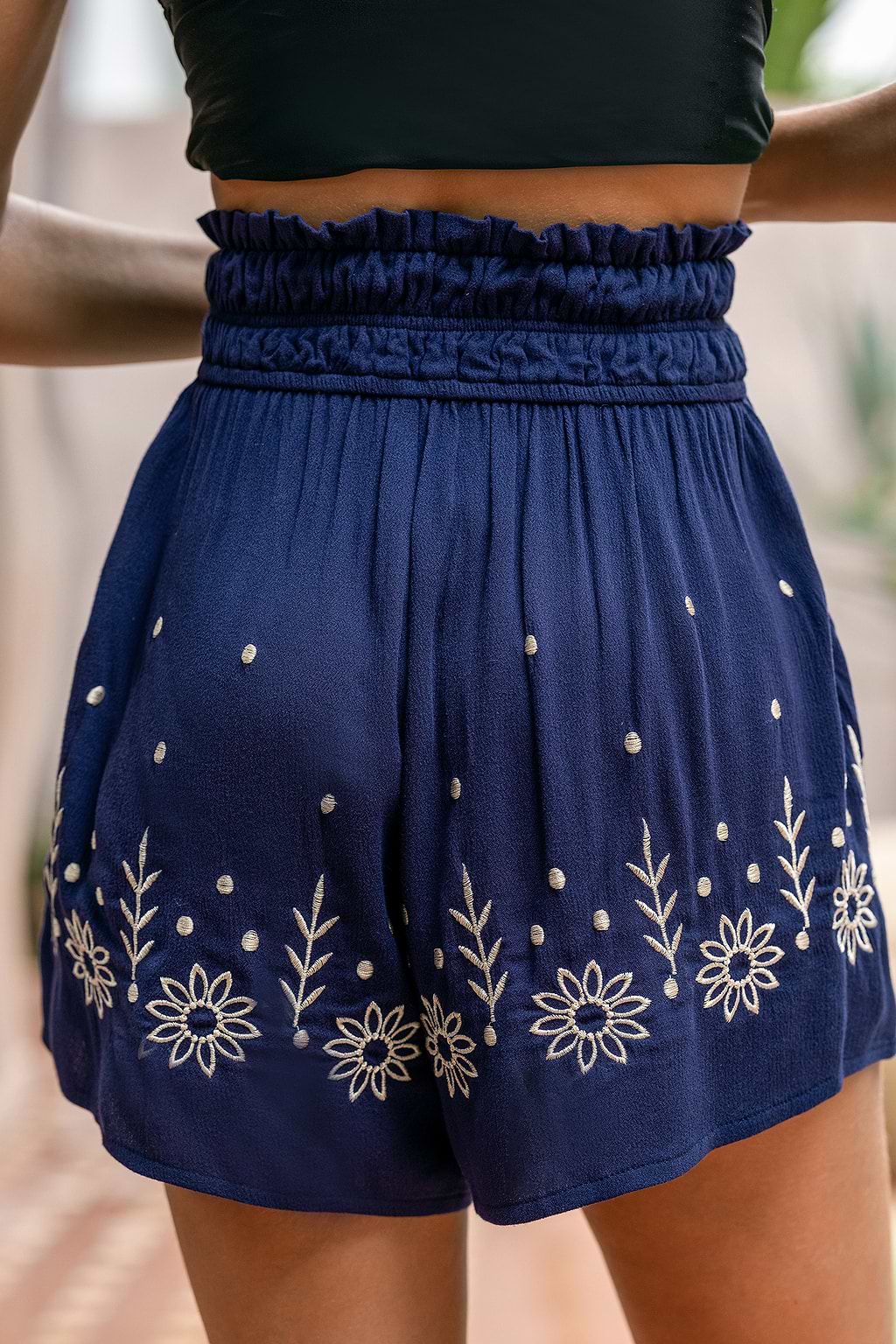 Floral Embroidery Smocked Shorts