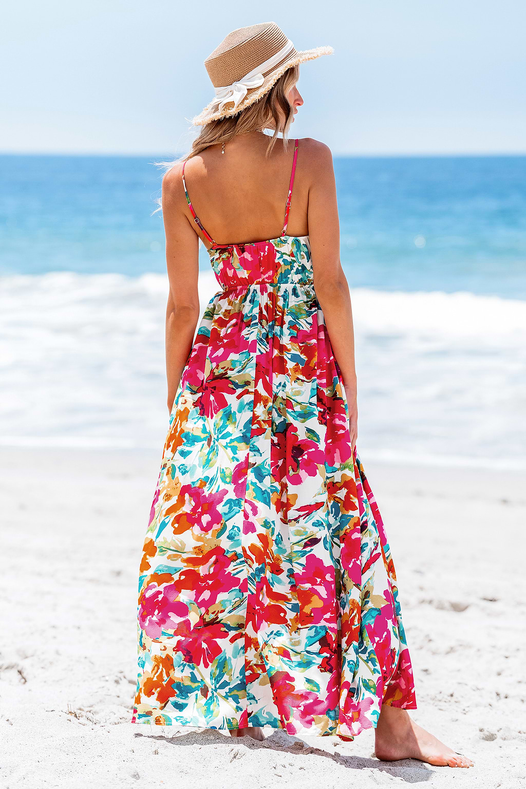 Robe maxi sans manches avec col plongeante à imprimé aquarelle