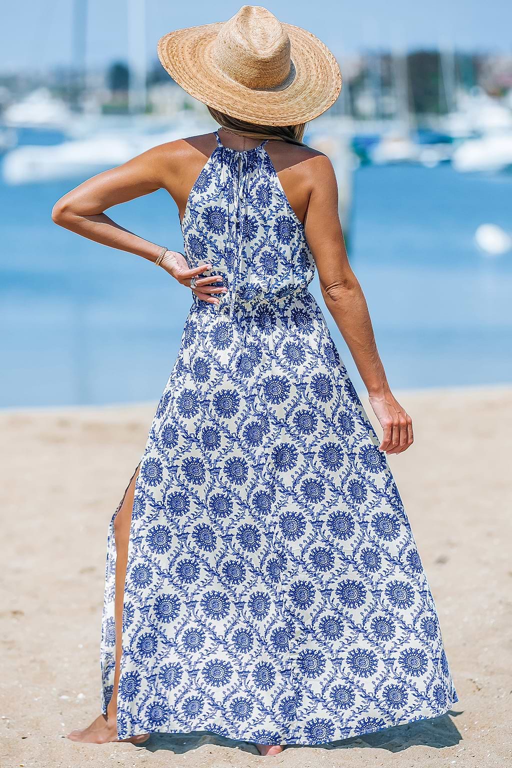 Blue & White Ornate Halterneck Maxi Dress
