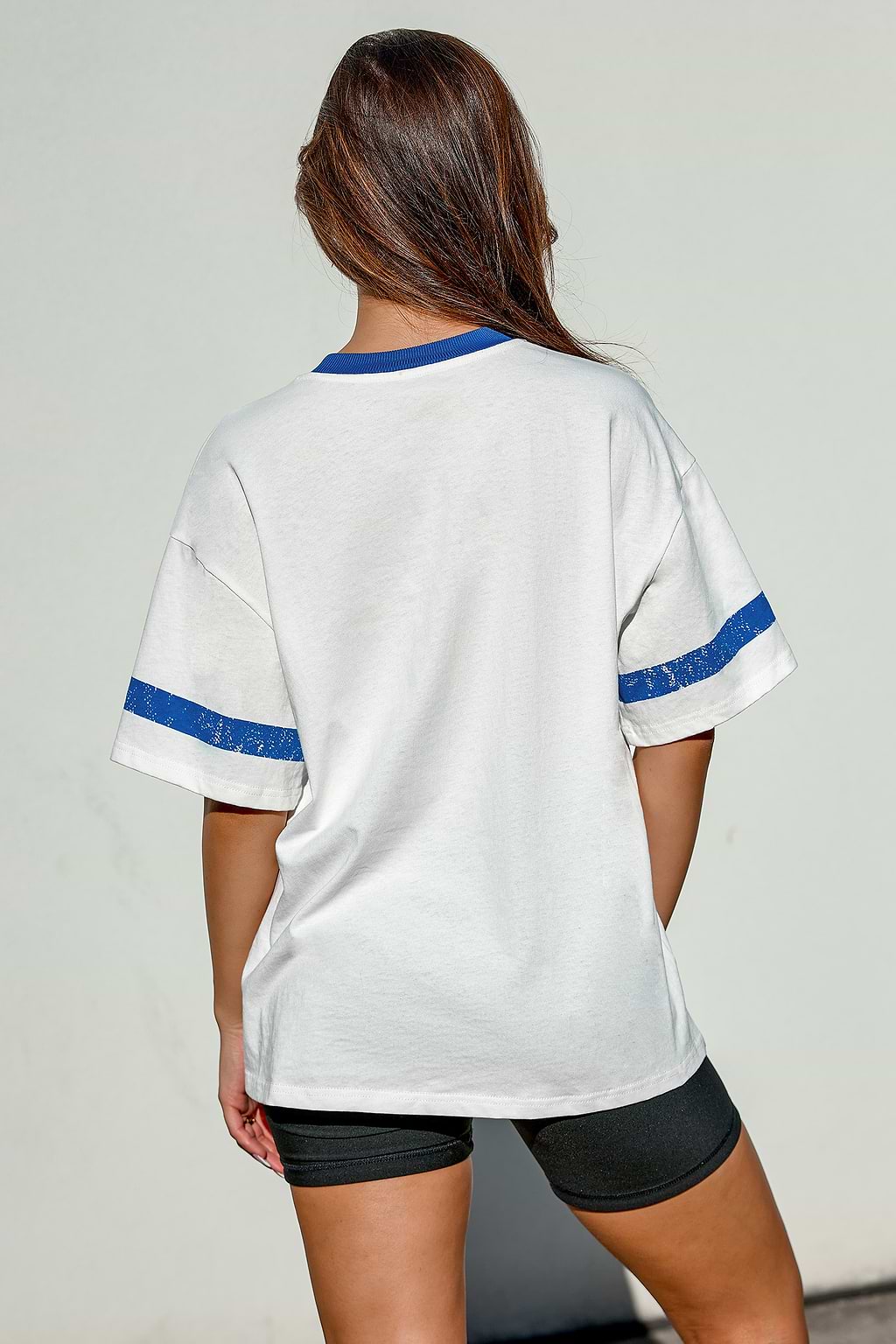 White & Blue Round Neck Short Sleeve Boston Tee