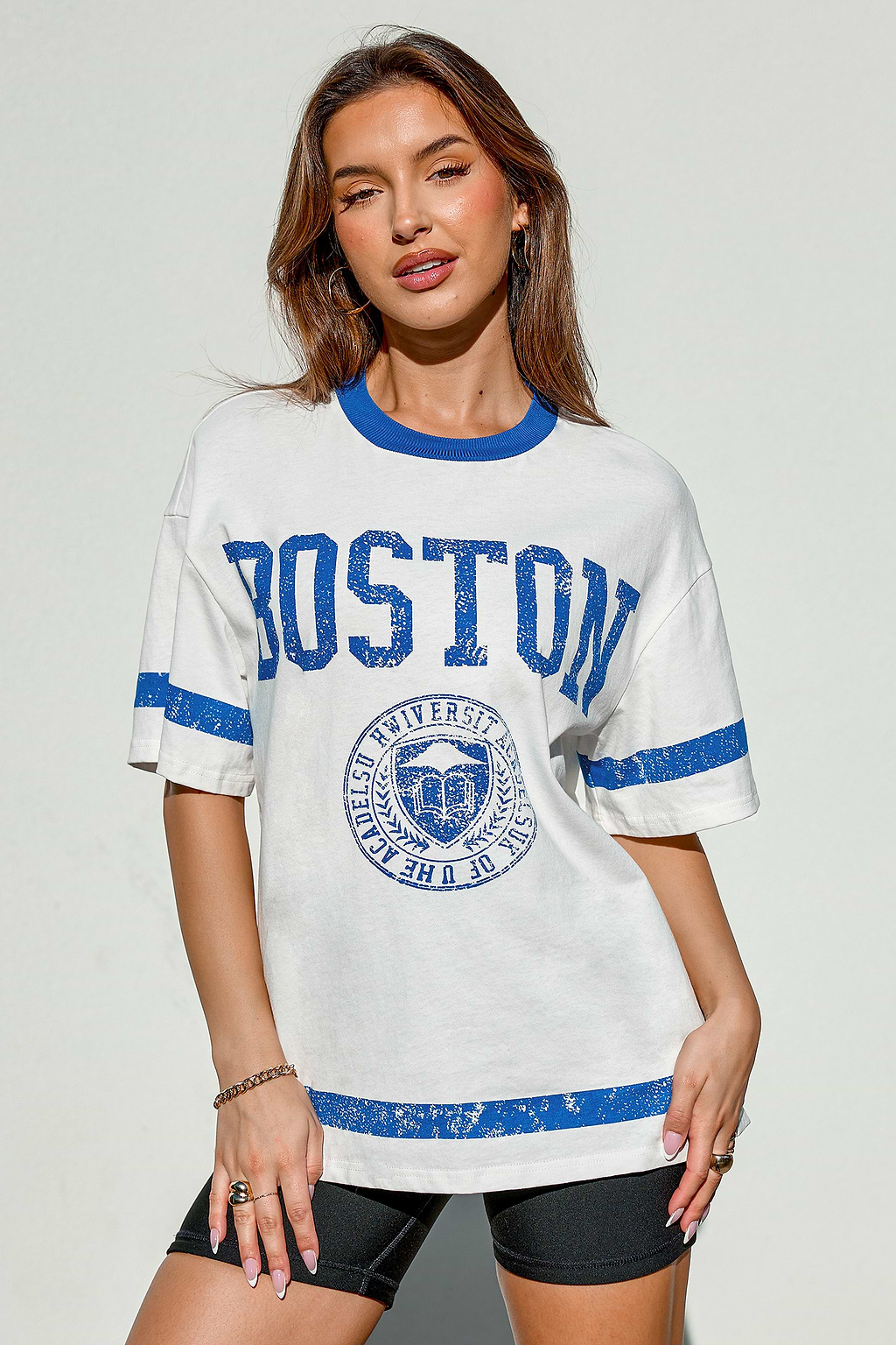 White & Blue Round Neck Short Sleeve Boston Tee