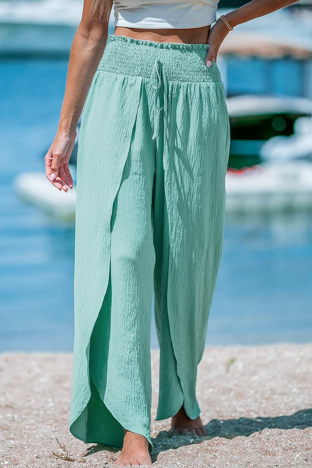 Mint Smocked Waist Wide Tulip Leg Pants