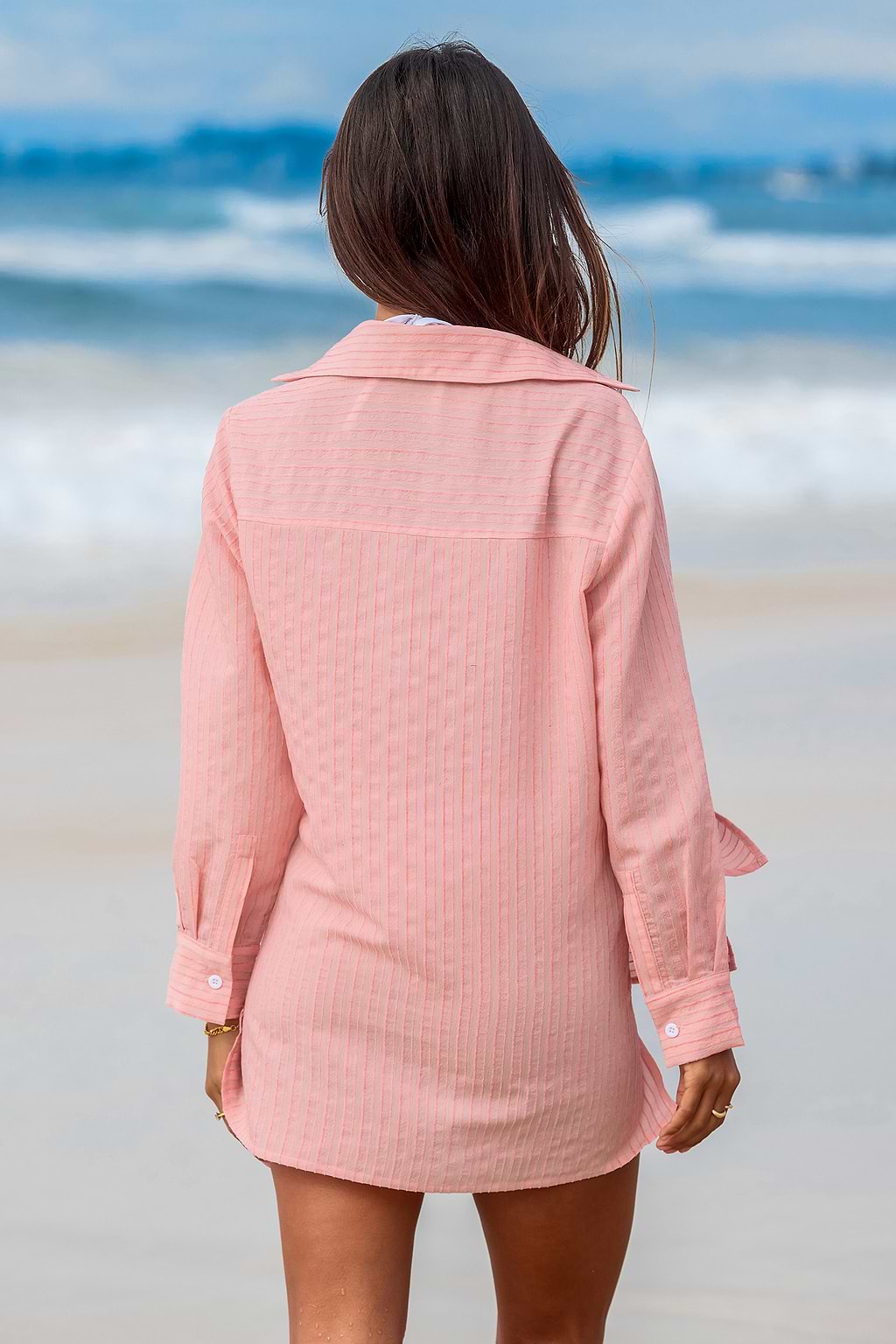 Pink Collared Open Front Long Sleeve Cover-Up Top