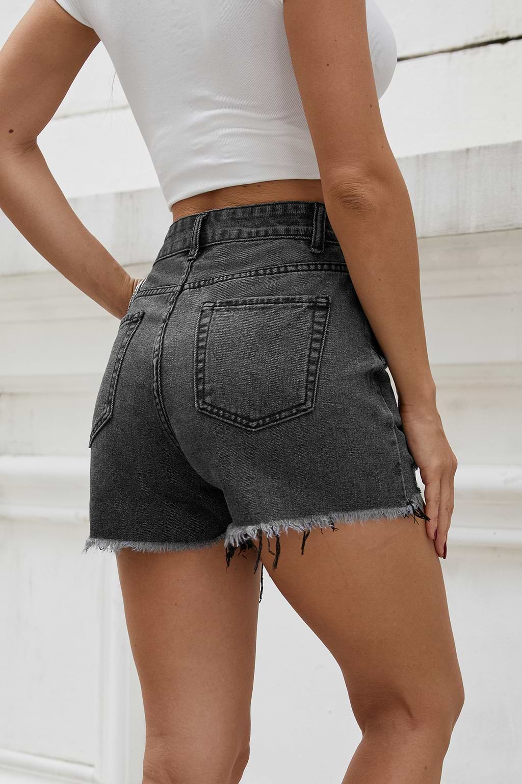Black Whiskered & Distressed Denim Shorts