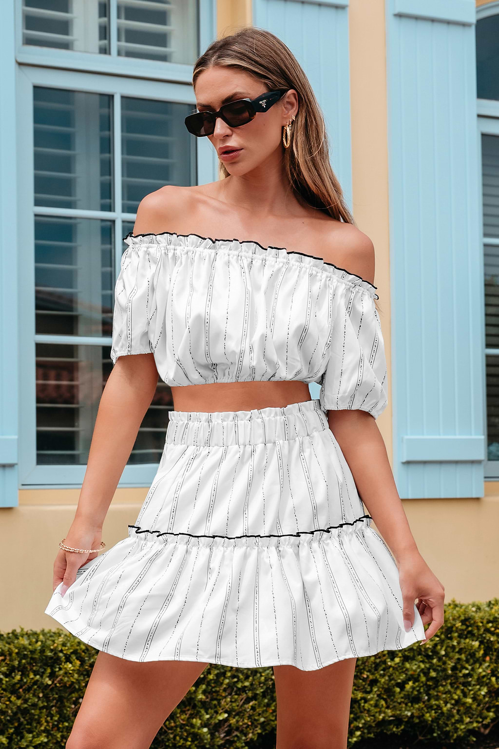 Striped Puff Sleeve Crop Top & Mini Skirt Set
