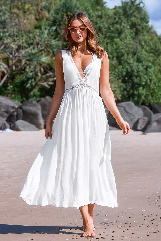 White Plunging Sleeveless Lace Trim Maxi Cover-Up