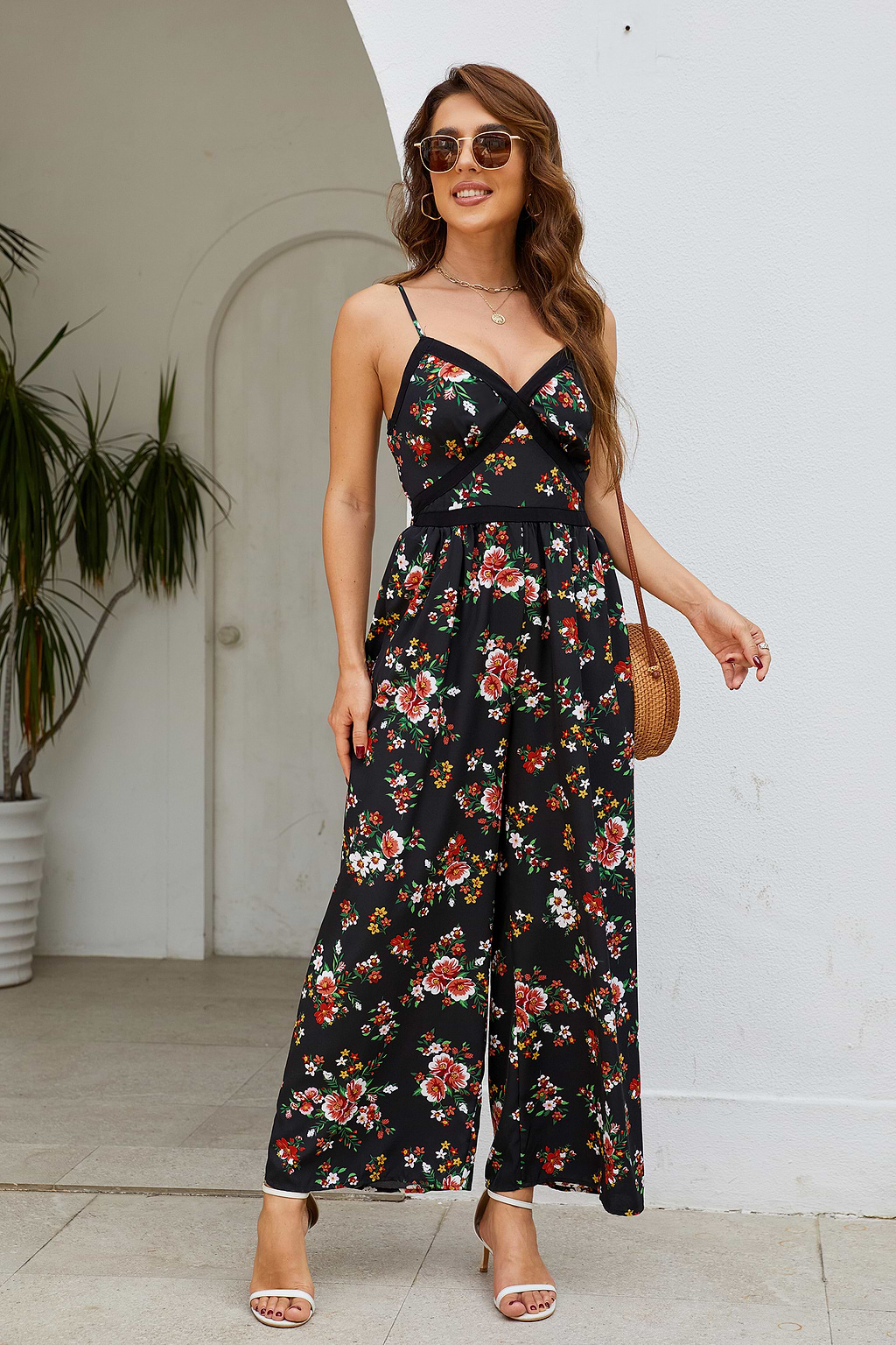 Dark Floral Sleeveless V-Neck Wide Leg Jumpsuit