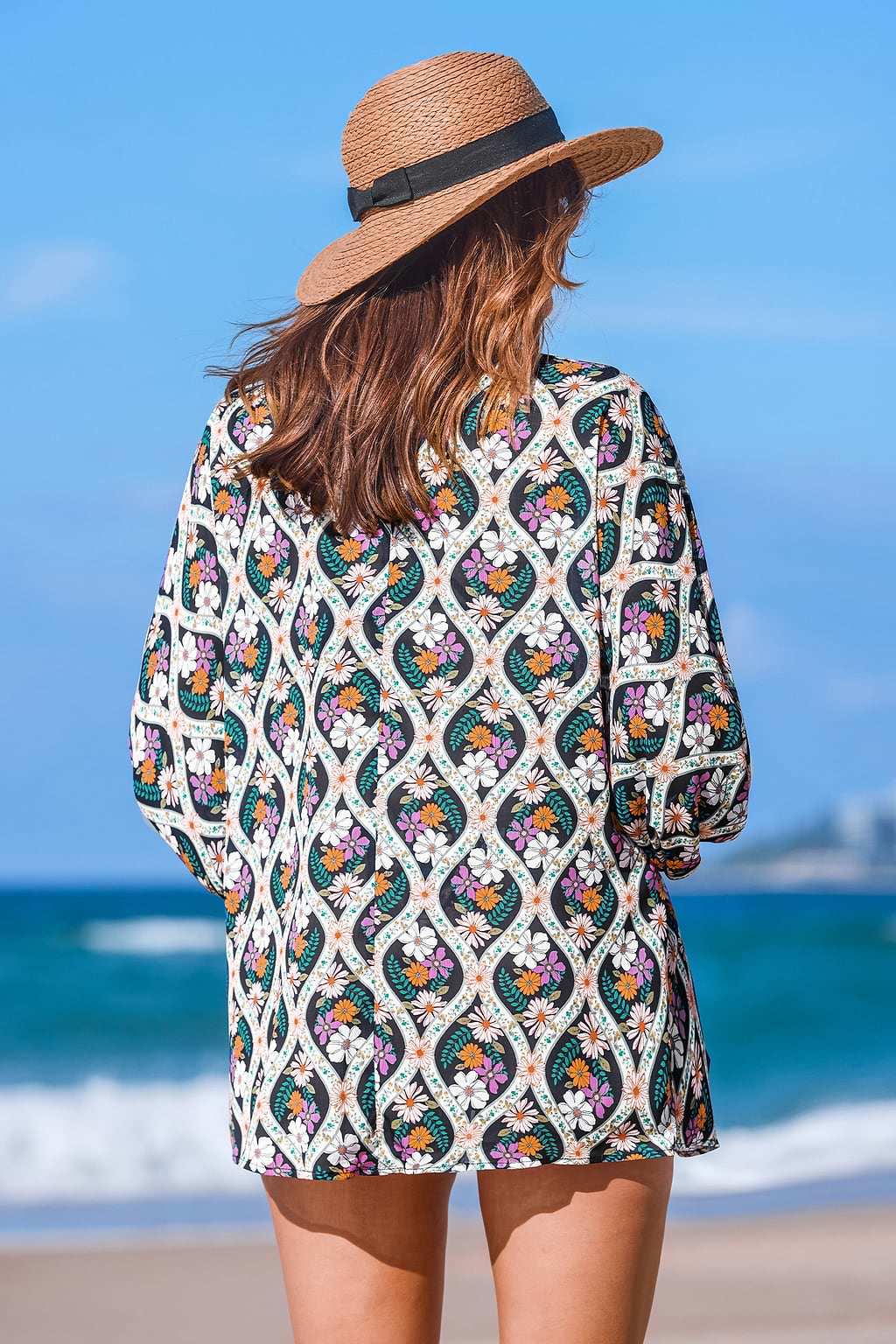 Floraler Cover-Up-Kimono mit Puffärmeln und offener Vorderseite
