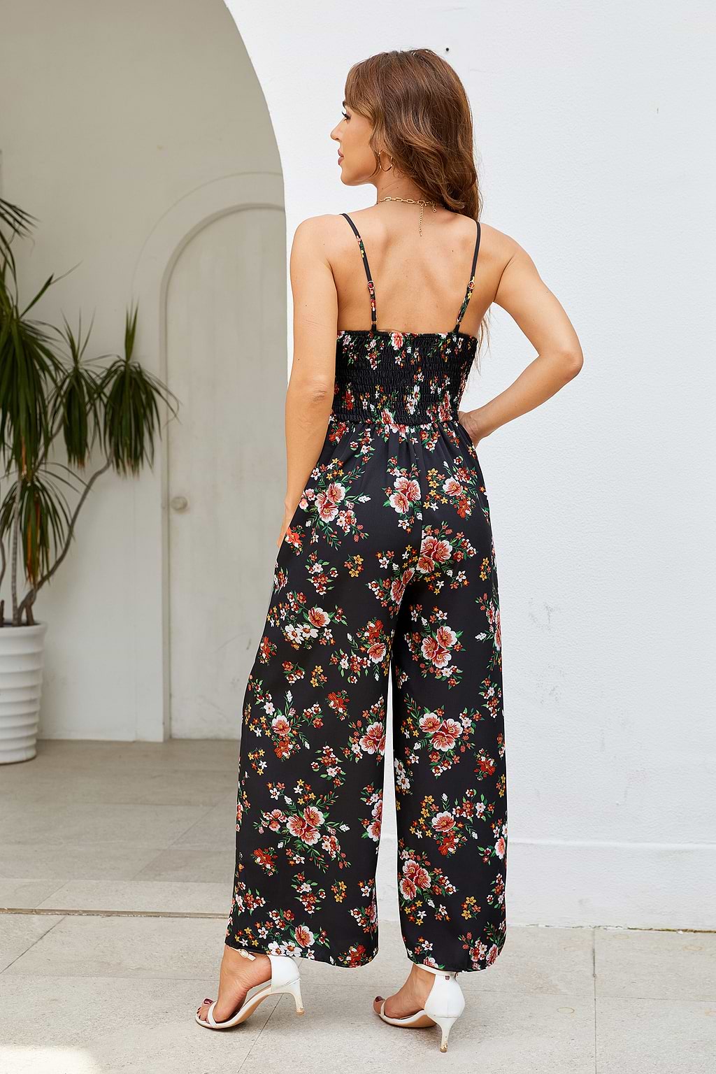 Dark Floral Sleeveless V-Neck Wide Leg Jumpsuit
