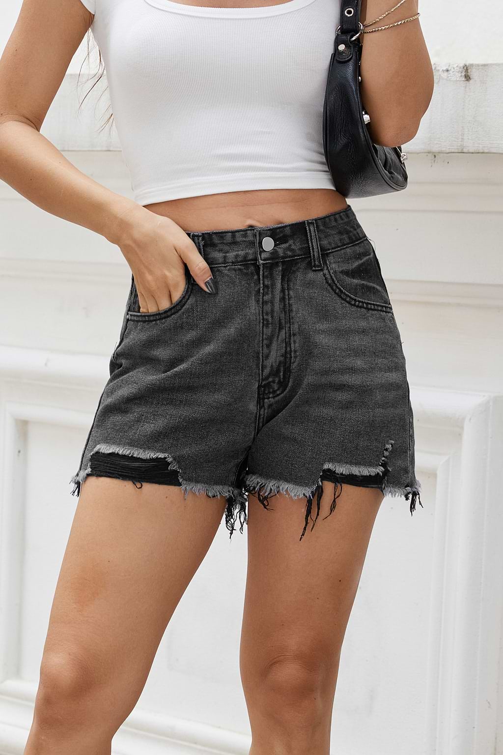 Black Whiskered & Distressed Denim Shorts