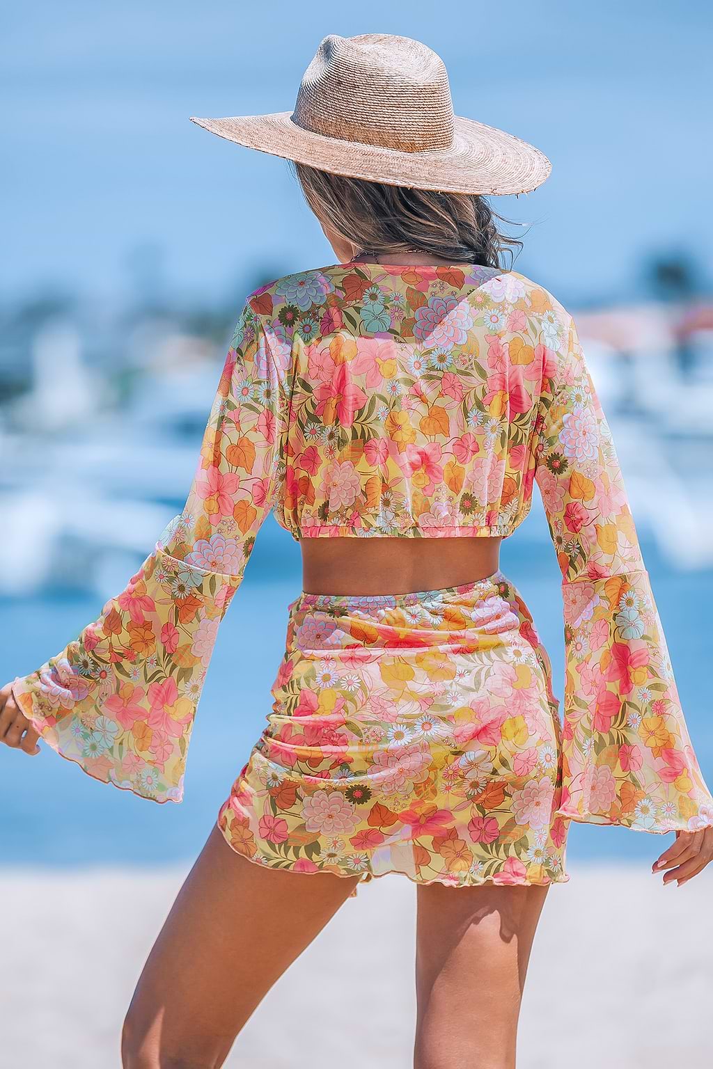 Floral Open Front Bell Sleeve Cover-Up