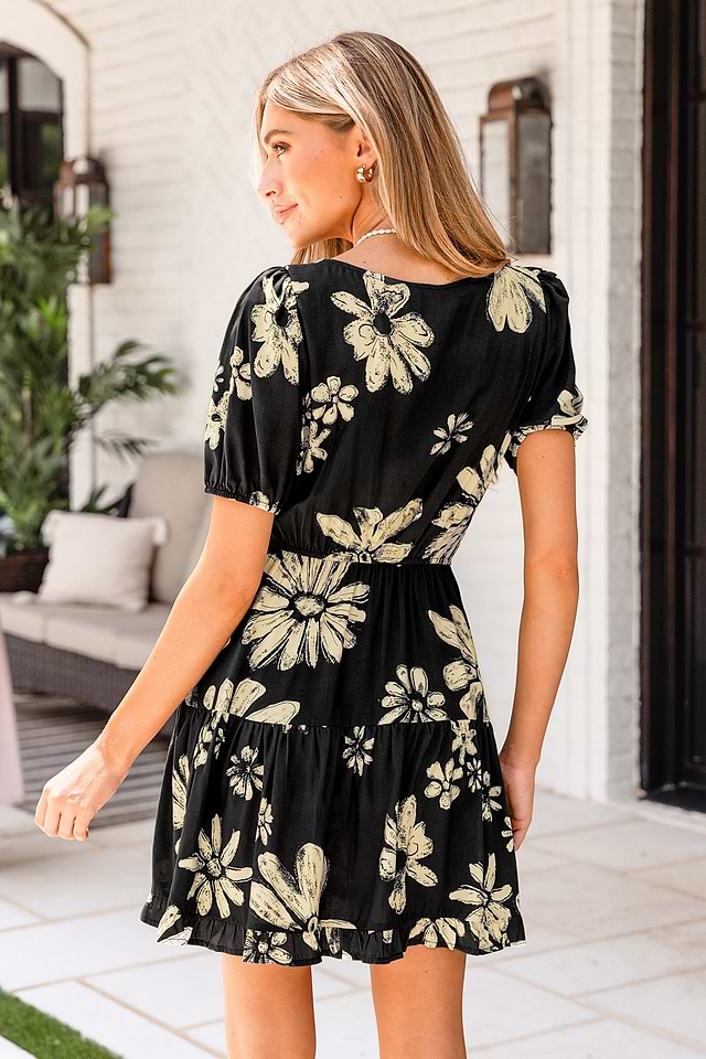 Black & White Floral Puff Sleeve Smocked Waist Mini Dress