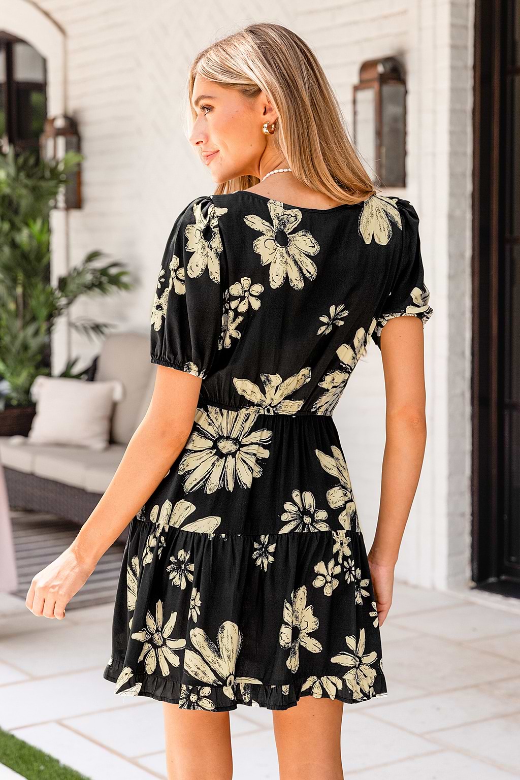 Black & White Floral Puff Sleeve Smocked Waist Mini Dress