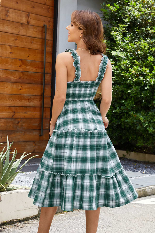 Green & White Plaid Square Neck Sleeveless Maxi Dress Green & White Plaid Square Neck Sleeveless Maxi Dress