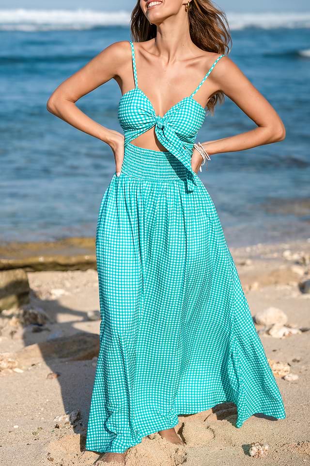 Green & White Gingham Sweetheart Cutout Maxi Dress