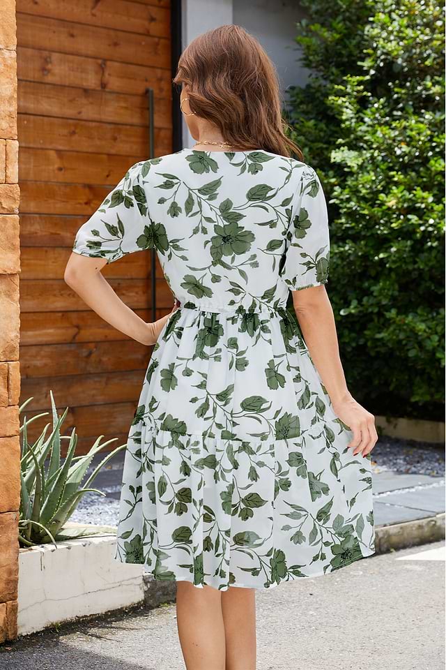 Green Floral Short Sleeve V-Neck Midi Dress