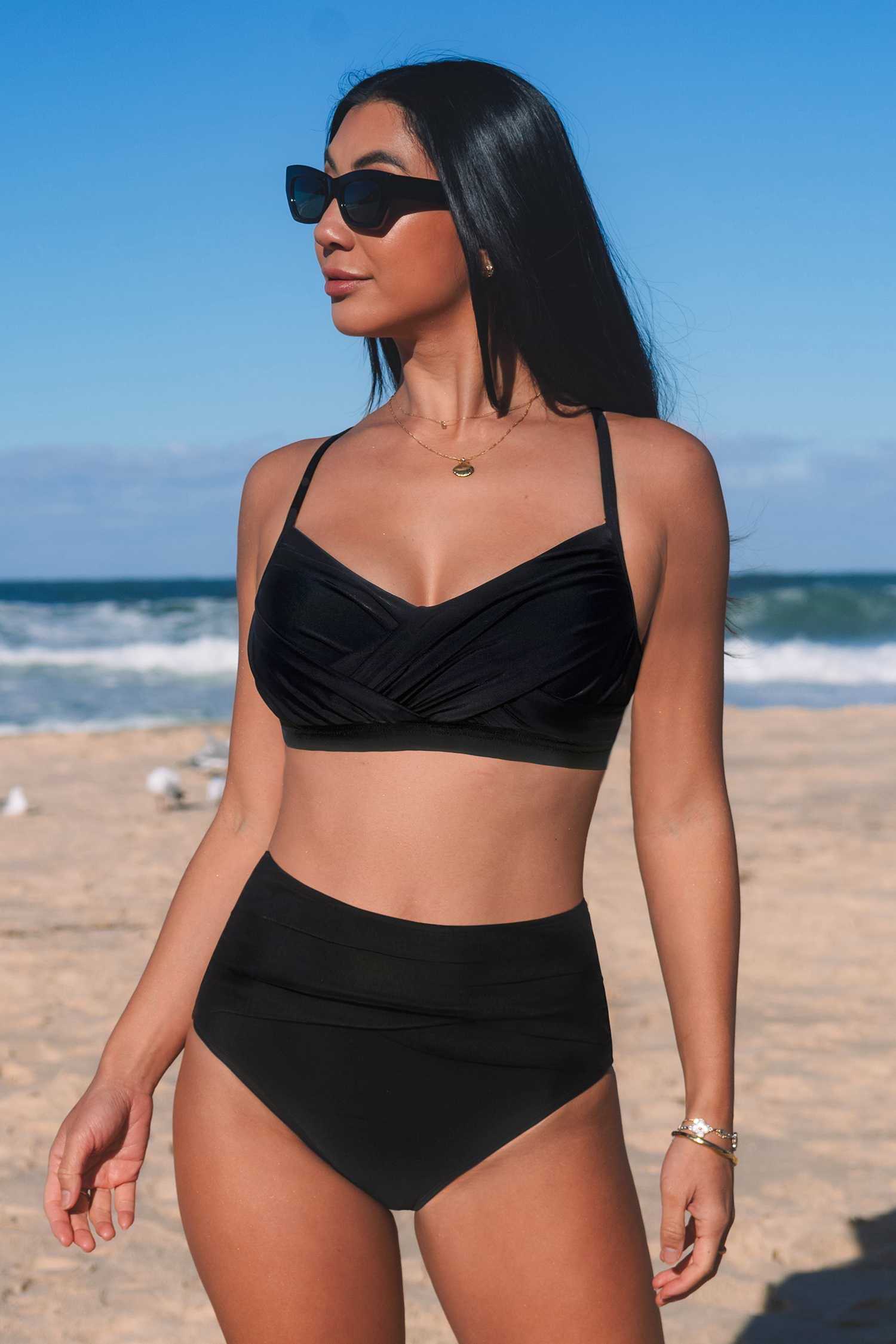 送関込【CUPSHE】サービングルックス ブラック ビキニセット Bikini Set & Swim Sheer Mesh Sarong - 3 pack